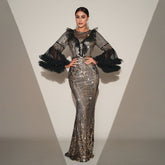 High End Long Sleeve Crew Neck Long Sequined Cocktail Fishtail Evening Dress Bridesmaid Dress